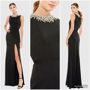 Mac Duggal 26516 Womens Black Sleeveless Rhinestone Collar Column Gown